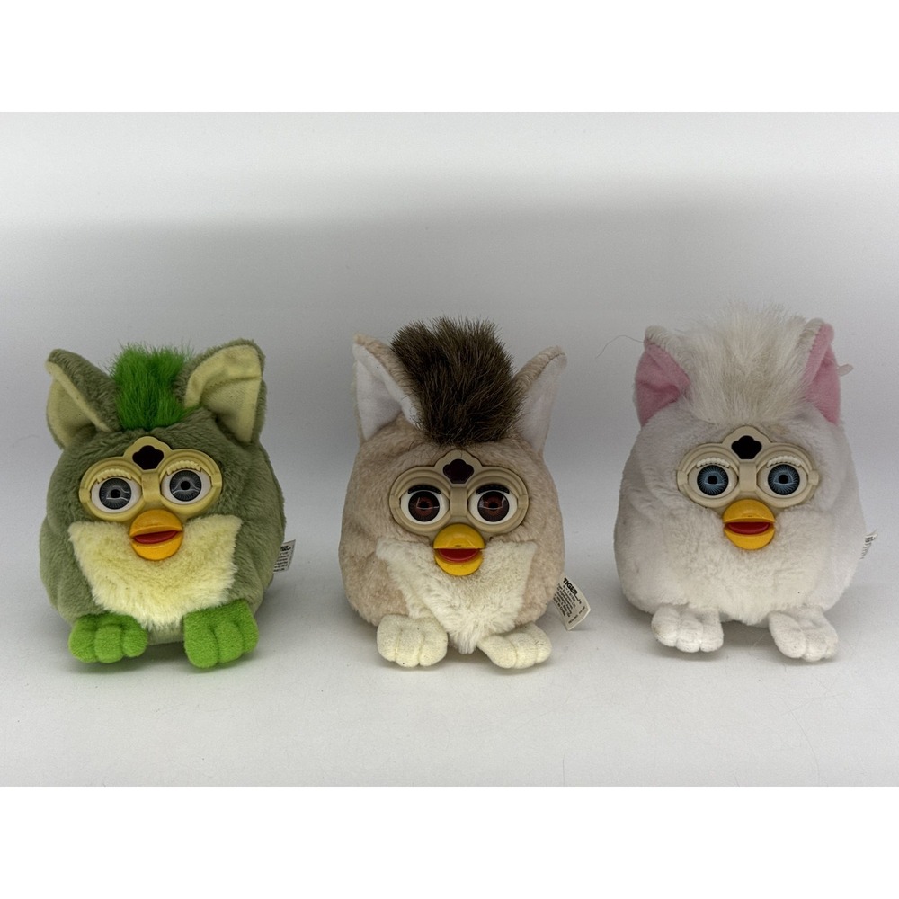 Lot of 3 Tiger Furby Electronic Pet Plush Toy Vintage Green Beige White
